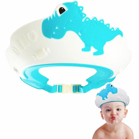 Viziera de protectie baie pentru copii, fippy, model dinozaur, dimensiune ajustabila, durabil, usor de curatat, impotriva samponului, pentru ochi si urechi, tpe+pp, 22x21 cm, albastru [13]
