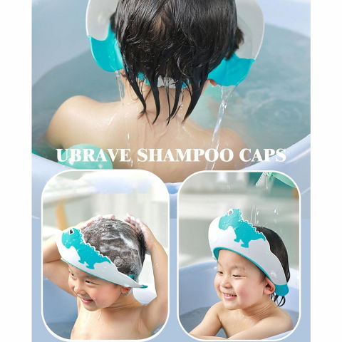 Viziera de protectie baie pentru copii, fippy, model dinozaur, dimensiune ajustabila, durabil, usor de curatat, impotriva samponului, pentru ochi si urechi, tpe+pp, 22x21 cm, albastru [12]