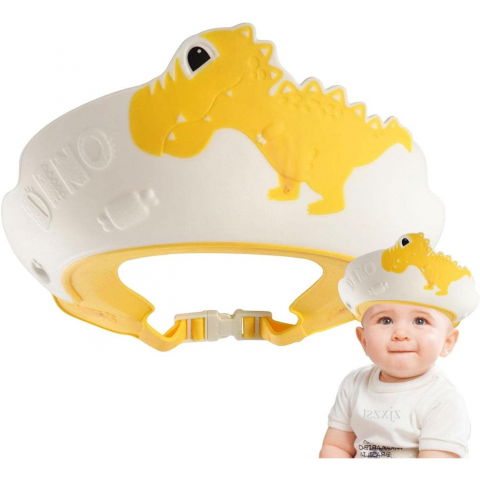 Viziera de protectie baie pentru copii, fippy, model dinozaur, dimensiune ajustabila, durabil, usor de curatat, impotriva samponului, pentru ochi si urechi, tpe+pp, 22x21 cm, galben [4]