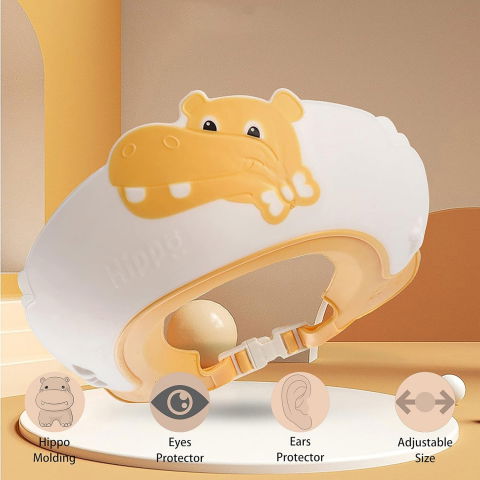 Viziera de protectie baie pentru copii, fippy, model hipopotam, dimensiune ajustabila, durabil, usor de curatat, impotriva samponului, pentru ochi si urechi, tpe+pp, 22x21 cm, galben [3]