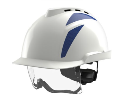 Casti de protectie - Casca de protectie MSA tip: "VGARD 930", vented, cu ochelari de protectie suprapusi integrati si chinstrap, culoare alb