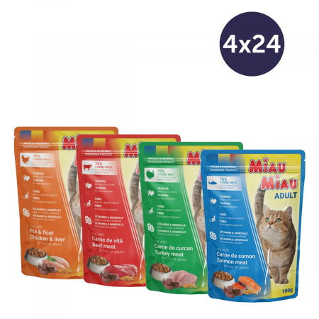 Pisici - COMBOPACK MIAU MIAU, Hrană Umedă Pisică Adult, Pui, Vită, Curcan și Somon, 96x100g