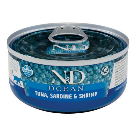 Pisici - N&D Ocean, Hrană Umedă Pisică Adult, Ton, Sardine și Creveți, 70g