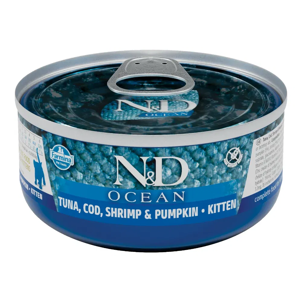 Pisici - N&D Ocean, Hrană Umedă Pisică Junior, Cod, Crevete și Dovleac, 70g