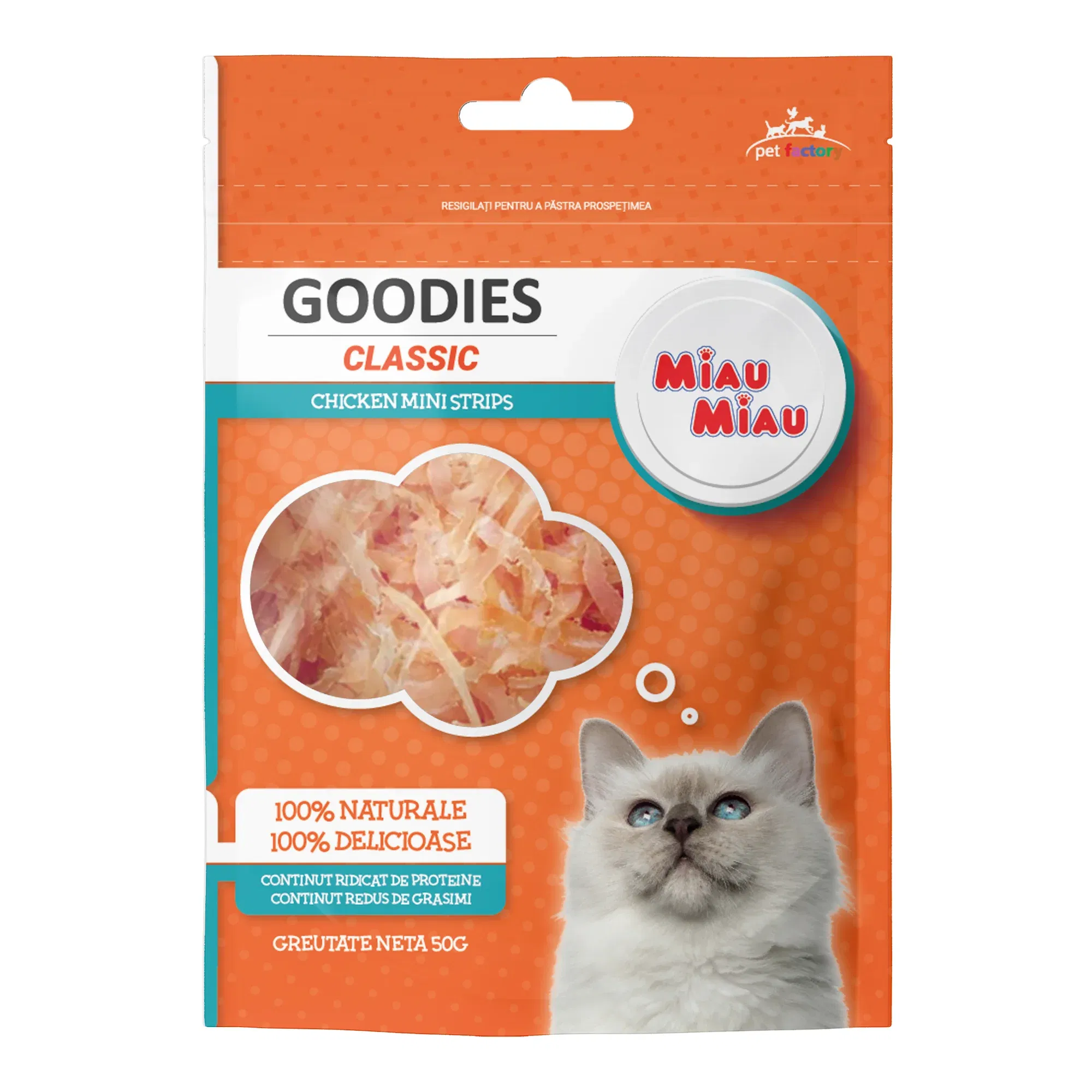 Pisici - Recompense pentru Pisică Adult, MIAU MIAU Goodies Classic, Mini Strips, Pui, 50g