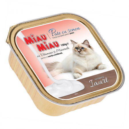Pisici - Hrană Umedă Pisică Adult, MIAU MIAU Pate, Somon cu Topping de Iaurt, 100g