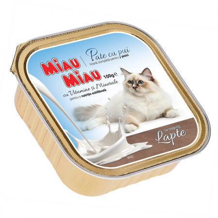 Pisici - Hrană Umedă Pisică Adult, MIAU MIAU Pate, Pui cu Topping de Lapte, 100g