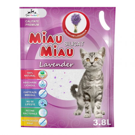 Pisici - MIAU MIAU Silicat, Așternut Igienic pentru Pisică, Lavandă, 3.8L