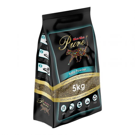 Pisici - MIAU MIAU Pure Bentonită, Așternut Igienic pentru Pisică, Baby Powder, 5kg