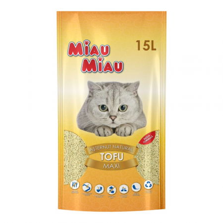 Pisici - MIAU MIAU Tofu, Așternut Igienic pentru Pisică, Maxi, Vanilie, 15L