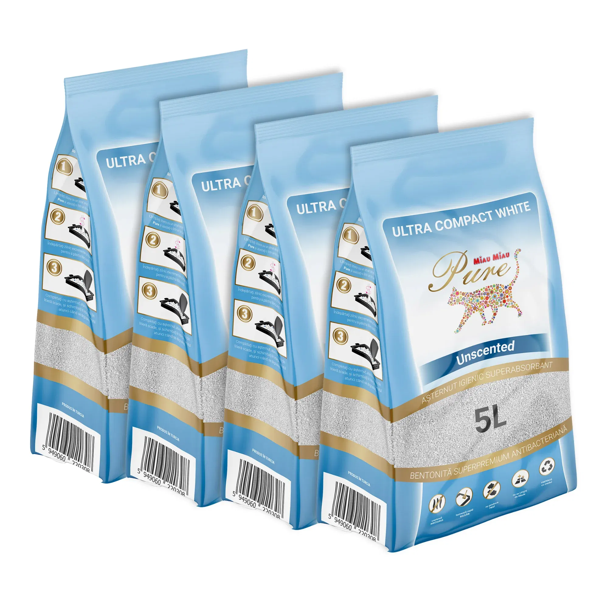 Pisici - Pachet Economic MIAU MIAU Pure Bentonită, Așternut Igienic pentru Pisică, Clasic, 4x5L