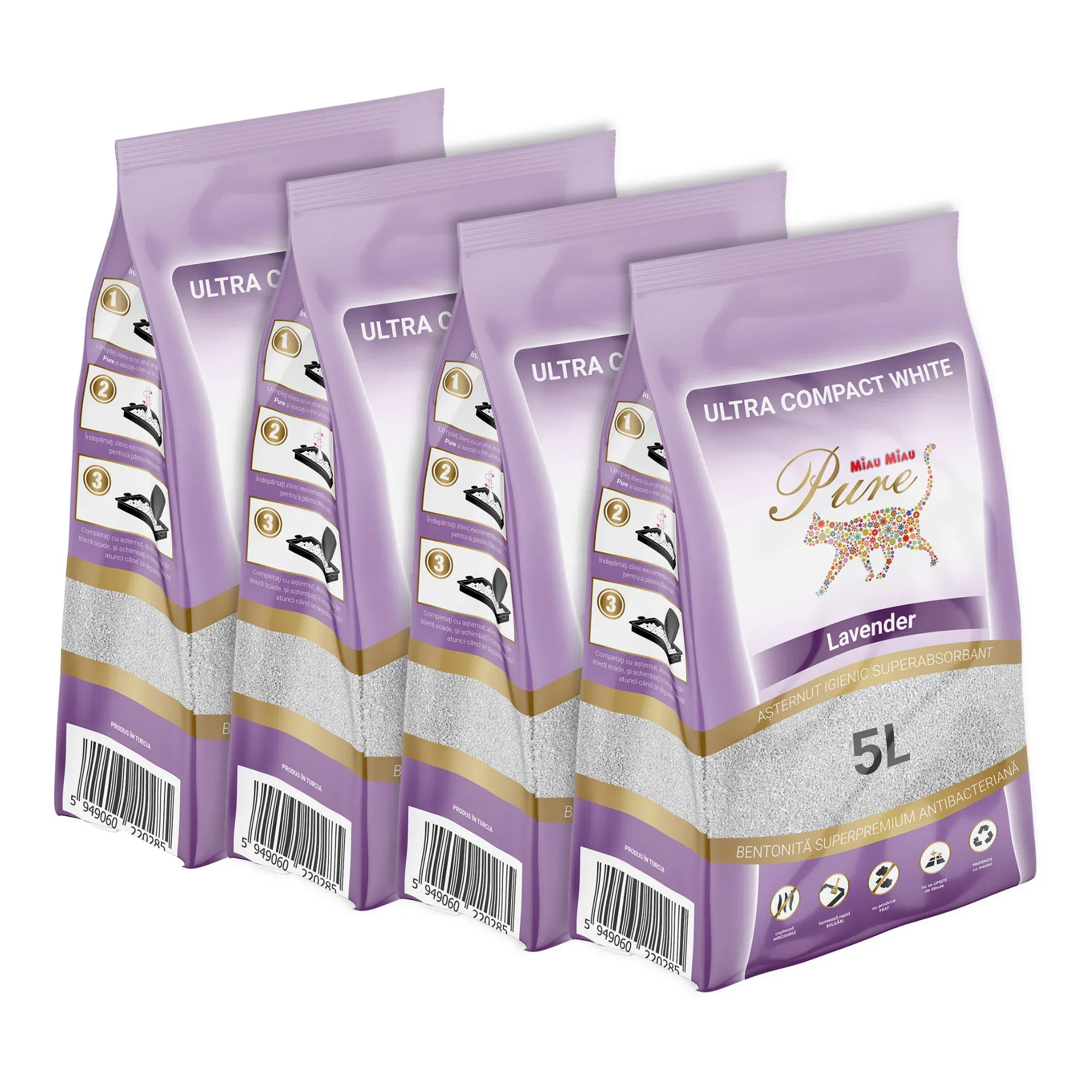 Pisici - Pachet Economic MIAU MIAU Pure Bentonită, Așternut Igienic pentru Pisică, Lavandă, 4x5L