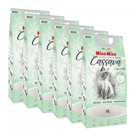 Pisici - Pachet Economic MIAU MIAU Cassava, Așternut Igienic pentru Pisică, Ceai Verde, 6x6L