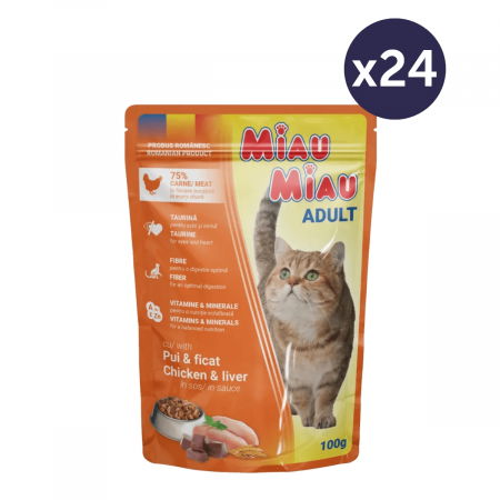 Pisici - Pachet Economic MIAU MIAU Hrană Umedă Pisică Adult, Pui și Ficat în sos, 24x100g