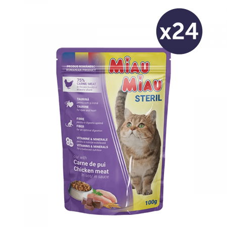 Pisici - Pachet Economic MIAU MIAU Hrană Umedă Pisică Adult, Sterilizată, Pui în sos, 24x100g