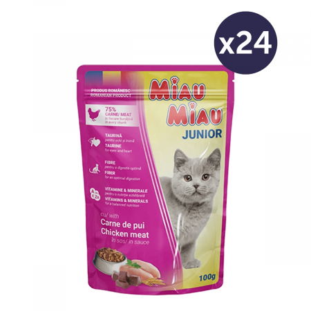 Pisici - Pachet Economic MIAU MIAU Hrană Umedă Pisică Junior, Pui în sos, 24x100g