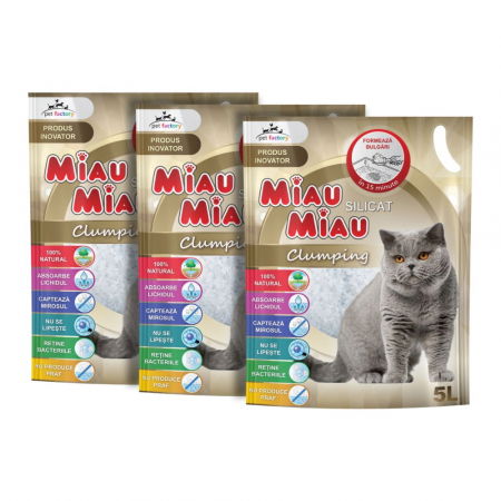Pisici - Pachet Economic MIAU MIAU Silicat, Așternut Igienic pentru Pisică, Clumping, 3x5L