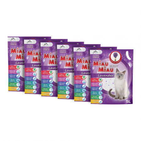 Pisici - Pachet Economic MIAU MIAU Silicat, Așternut Igienic pentru Pisică, Lavandă, 6x5L