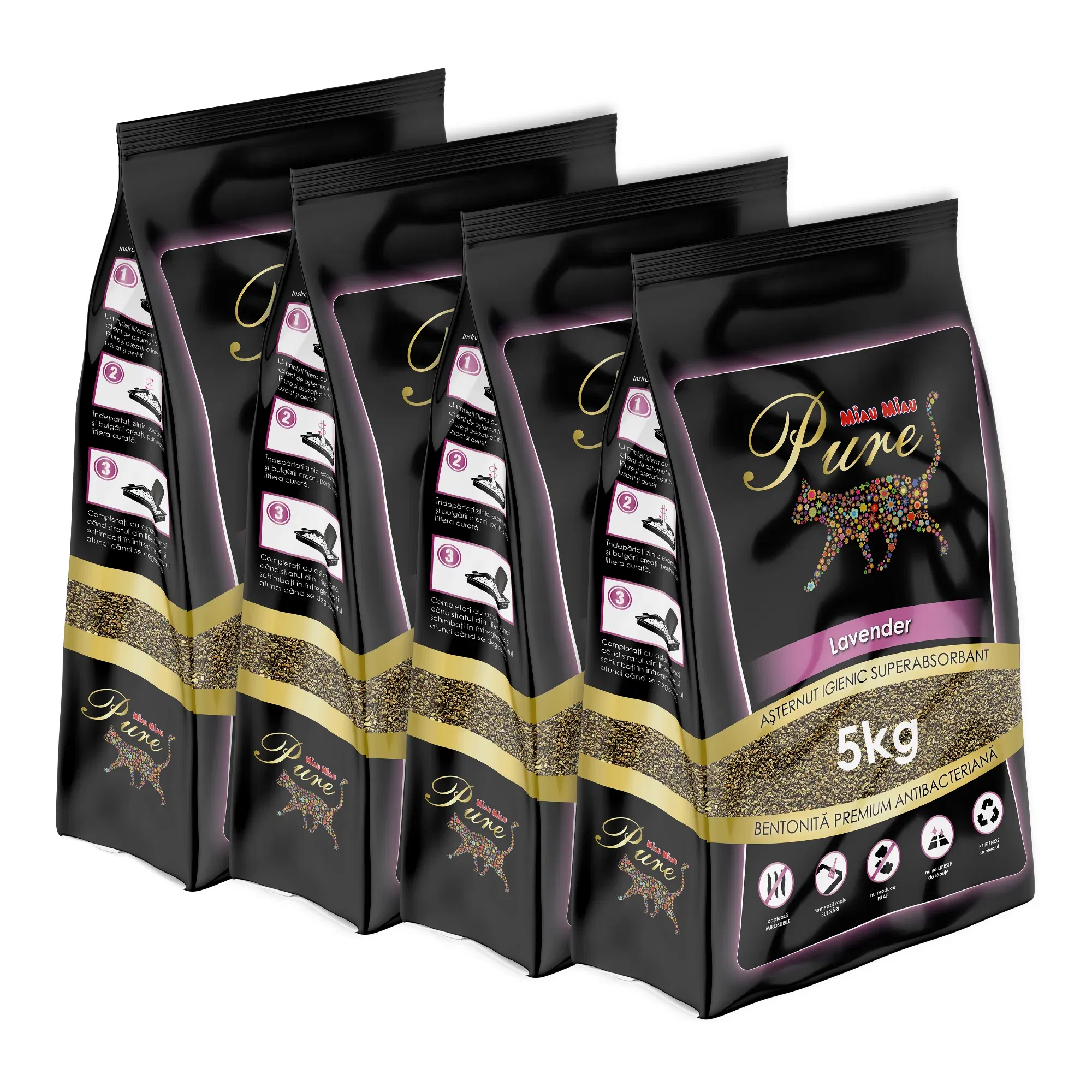 Pisici - Pachet Economic MIAU MIAU Pure Bentonită, Așternut Igienic pentru Pisică, Lavandă, 4x5kg