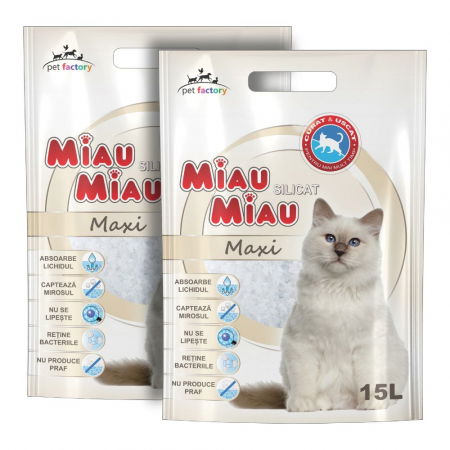 Pisici - Pachet Economic MIAU MIAU Silicat, Așternut Igienic pentru Pisică, Maxi, 2x15L