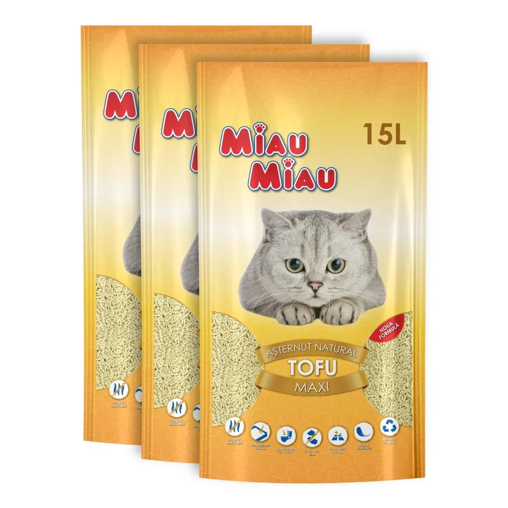 Pisici - Pachet Economic MIAU MIAU Tofu, Așternut Igienic pentru Pisică, Maxi, Vanilie, 3x15L