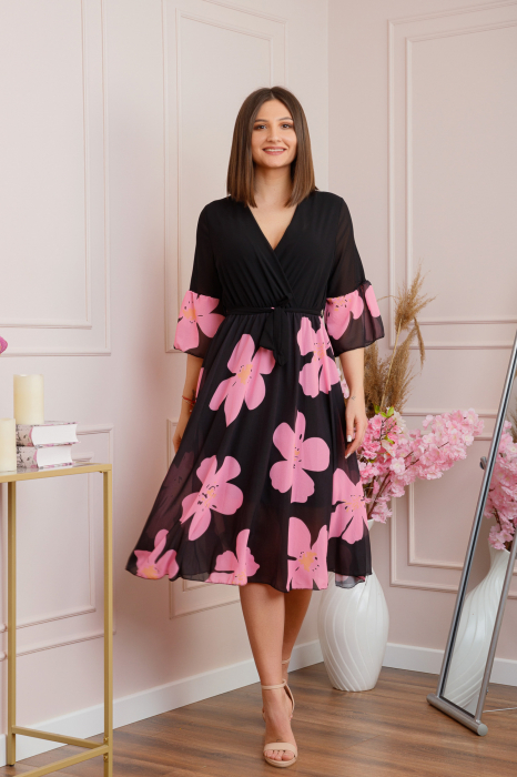 Rochie Lucy eleganta din voal cu imprimeuri florale - Negru [4]