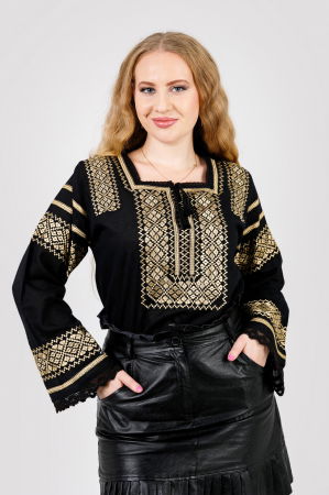 Bluze cu motive traditionale - Bluza neagra cu motiv geometric auriu Dora 03
