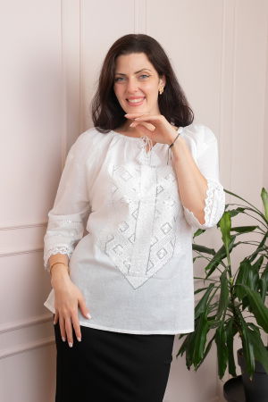 Bluze cu motive traditionale - Bluza tip ie alba cu motiv geometric alb Minerva 05