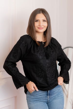 Ie cu maneca lunga - Bluza tip ie neagra cu motiv floral negru Ada 02