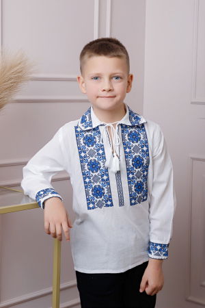 Imbracaminte Baieti - Camasa traditionala de baieti alba cu motiv floral albastru Silviu 03