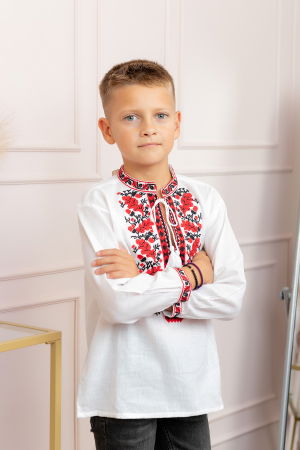 Imbracaminte Baieti - Camasa traditionala de baieti alba cu motiv floral rosu Dominic 04