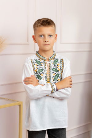 Imbracaminte Baieti - Camasa traditionala de baieti alba cu motiv floral verde Dominic 04