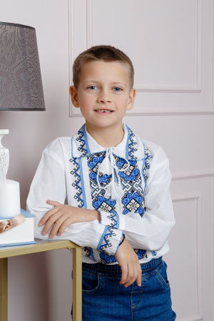 Imbracaminte Baieti - Camasa traditionala de baieti alba cu motiv geometric albastru Catalin 01