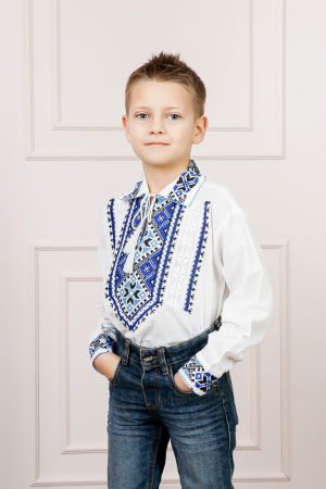 Imbracaminte Baieti - Camasa traditionala de baieti alba cu motiv geometric albastru Flavius 01