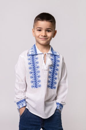 Imbracaminte Baieti - Camasa traditionala de baieti alba cu motiv geometric albastru David 02