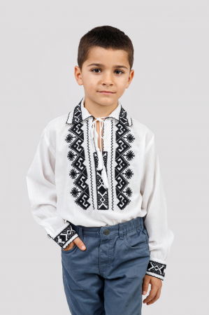 Imbracaminte Baieti - Camasa traditionala de baieti alba cu motiv geometric negru Alexandru 03