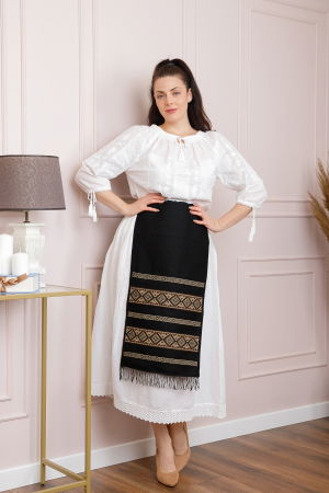Fuste traditionale si fote - Catrinta traditionala neagra cu broderie geometrica crem Ileana