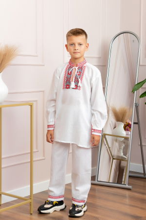 Imbracaminte Baieti - Compleu traditional alb pentru baieti cu motiv floral rosu Robert 02