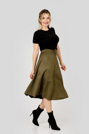 Fuste - Fusta clos Jolene cu centura in talie - Kaki