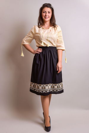Fuste traditionale si fote - Fusta traditionala neagra cu broderie florala crem Emilia