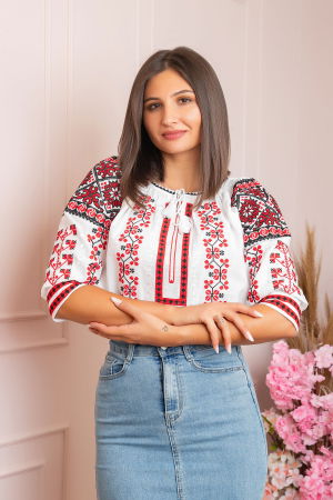 Ie cu maneca scurta - Ie traditionala alba cu motiv floral rosu Marta