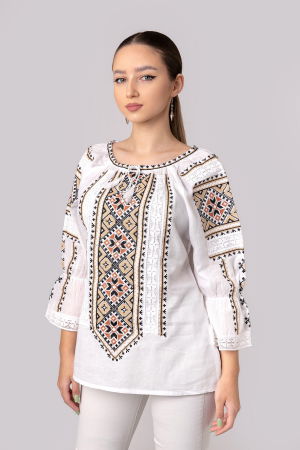 Ie cu maneca scurta - Ie traditionala alba cu motiv geometric crem Paraschiva 03