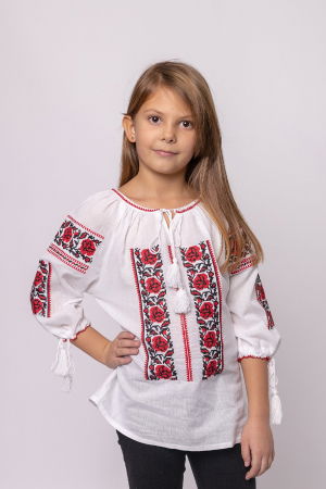 Imbracaminte Fetite - Ie traditionala alba pentru fetite cu motiv floral rosu Melinda