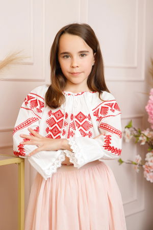 Imbracaminte Fetite - Ie traditionala alba pentru fetite cu motiv geometric rosu Simina