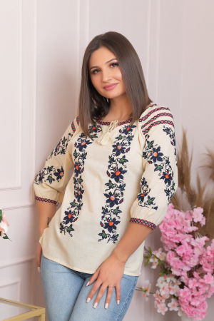 Ie cu maneca scurta - Ie traditionala crem cu motiv floral negru Iunia