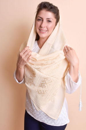 Brauri si marame - Marama traditionala crem cu broderie geometrica aurie Emilia