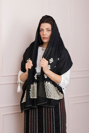 Brauri si marame - Marama traditionala neagra cu broderie geometrica aurie Melania