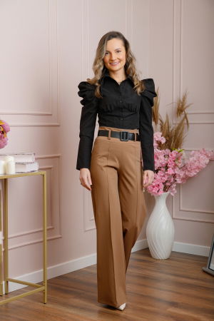 Pantaloni - Pantaloni evazati Ophelia cu talie inalta si curea - Camel