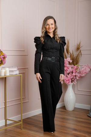 Pantaloni - Pantaloni evazati Ophelia cu talie inalta si curea - Negru