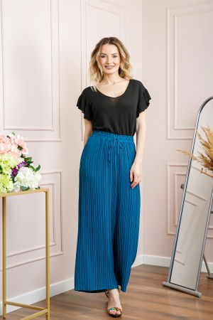 Pantaloni - Pantaloni plisati turcoaz cu elastic in talie